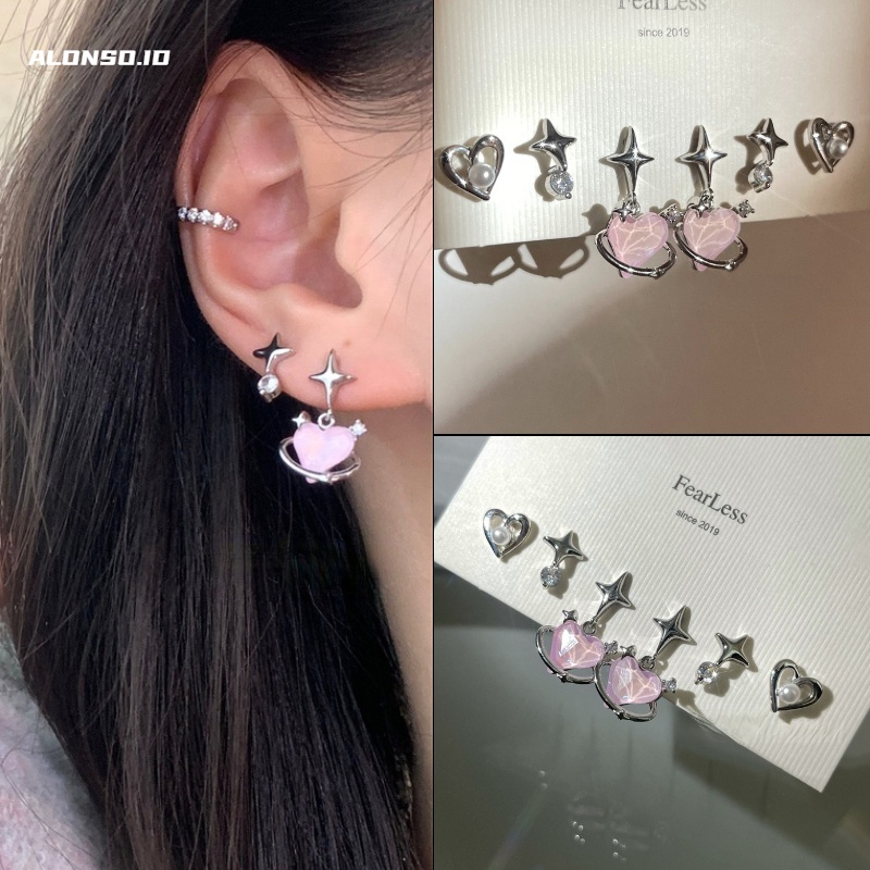 Anting Enam Potong Cinta Pink Aksesoris Temperamen Versi Korea