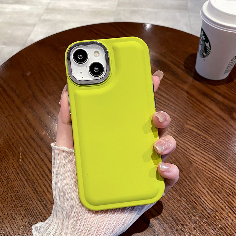 【Air bag】Fluorescent Green Skin Feel Metal Lens Protect Soft Case for Apple IPhone 7 8 Plus XR XS Max 11 12 13 14 Pro Max 14 Plus Women's Fashion Pretty Phone Case