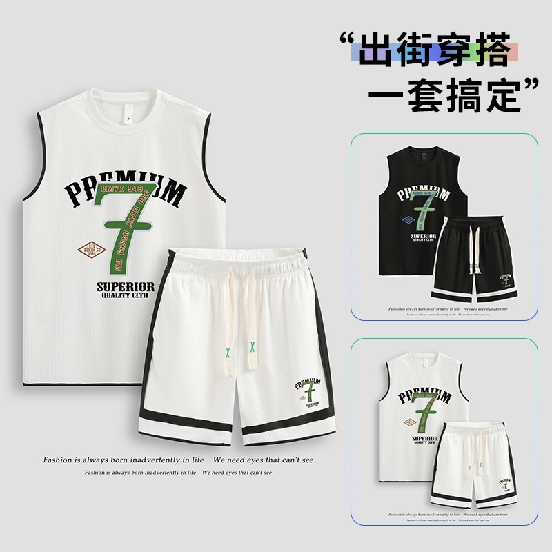 Kaos Pria Sports Casual Set Men's Sleeveless Tank T-shirt Top Shorts Two Piece Set Wearing Thin Fitn