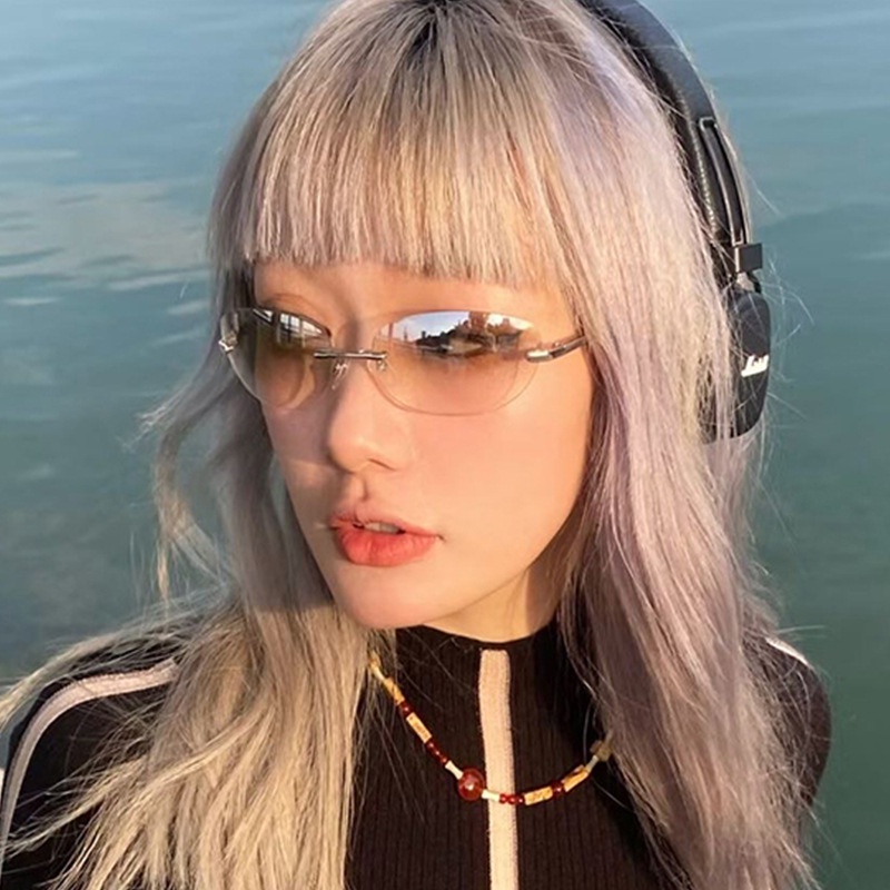 Y2k Kacamata Hitam Oval Tanpa Bingkai Untuk Wanita Fashion Ins Statement Shades