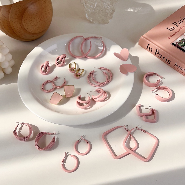 Xiaoboacc 925jarum Perak Wanita Korea Fahion Pink Hoop Earrings