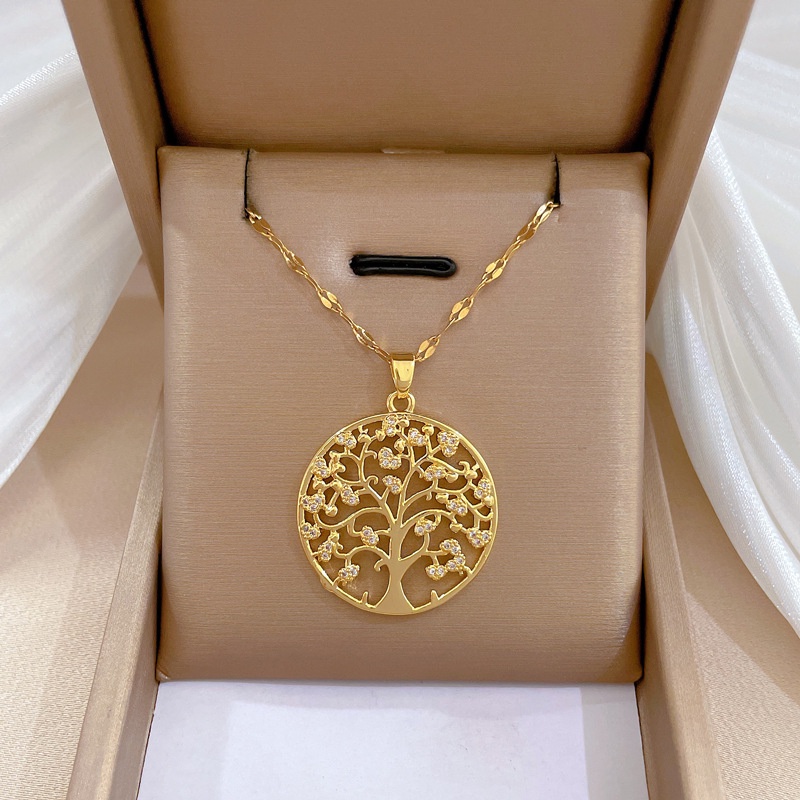 Xiaoboacc Titanium Steel Wanita Mewah Lapis Emas Berlian Klavikula Rantai Kalung