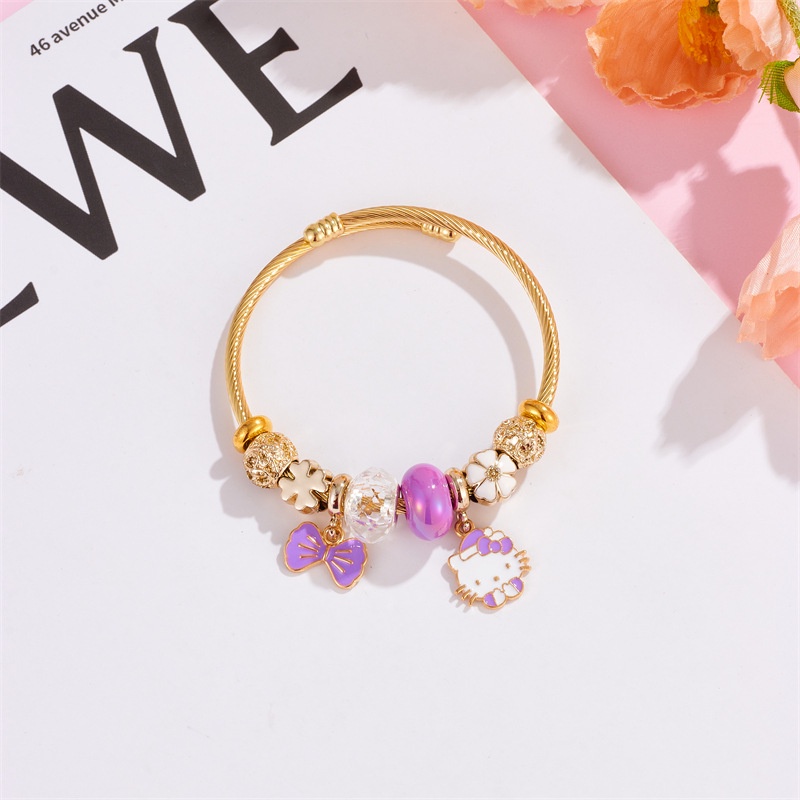 Xiaoboacc Gelang Emas Anti Karat Wanita Perempuan Kartun Yang Indah KT Kucing Open Beads Bangles