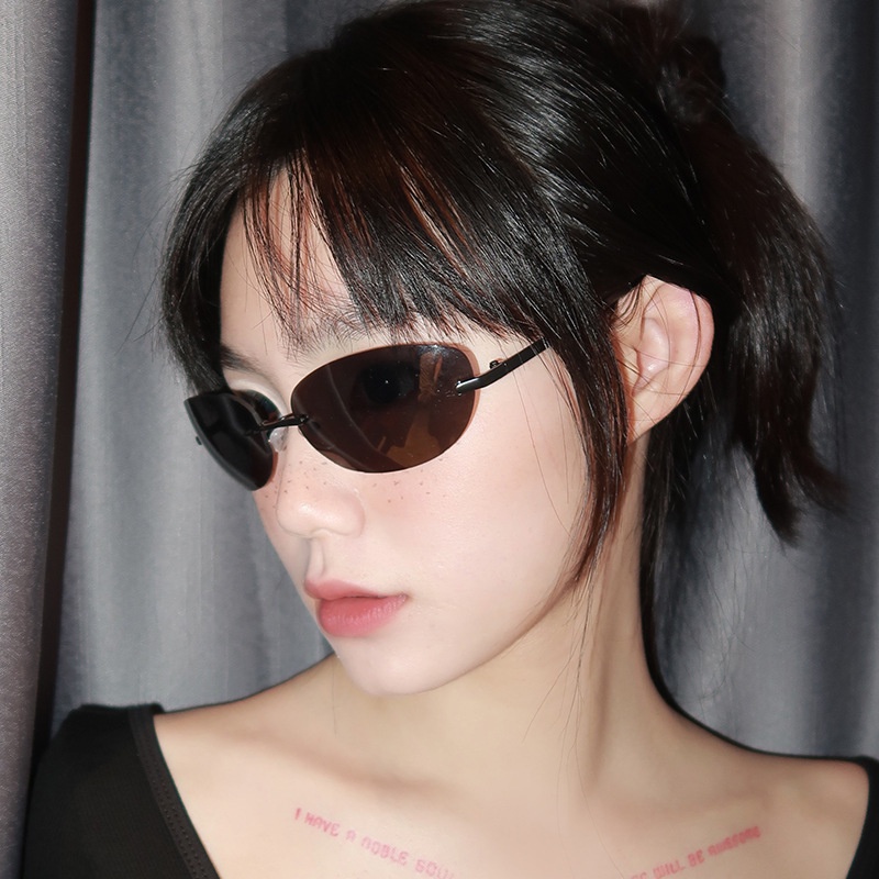 Y2k Kacamata Hitam Oval Tanpa Bingkai Untuk Wanita Fashion Ins Statement Shades