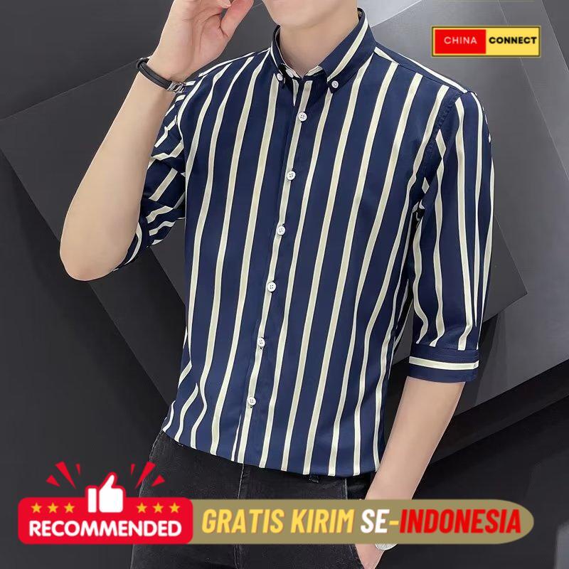 Kemeja Pria Premium Hong Kong pria striped 3/4 baju lengan musim panas pendek lengan tipis Korea tre