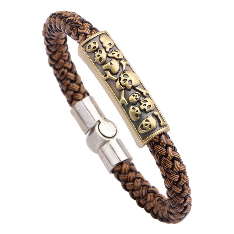 [X C Bracelet] Vintage Fashion Personality Bracelet Mens Skull Braided Bracelet Punk Leather Bracelet Jewellery