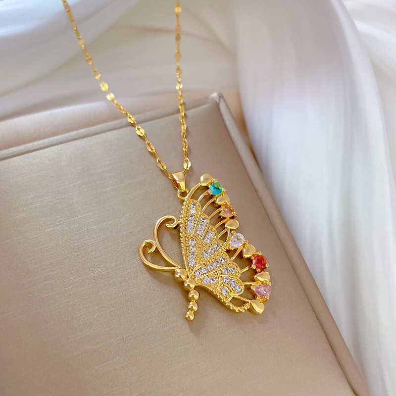 Xiaoboacc Titanium Steel Berlian Penuh Kupu-Kupu Kalung Untuk Wanita Pesta Mewah Zirkon Emas Dan Sivler Chocker Perhiasan
