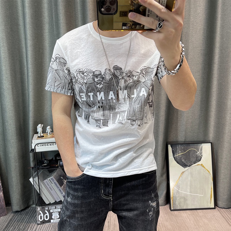 KAOS PRIA Tian Si Cotton T-shirt Men's Cartoon Printing Ultra Thin Top Summer Cotton Hemp Half Sle T