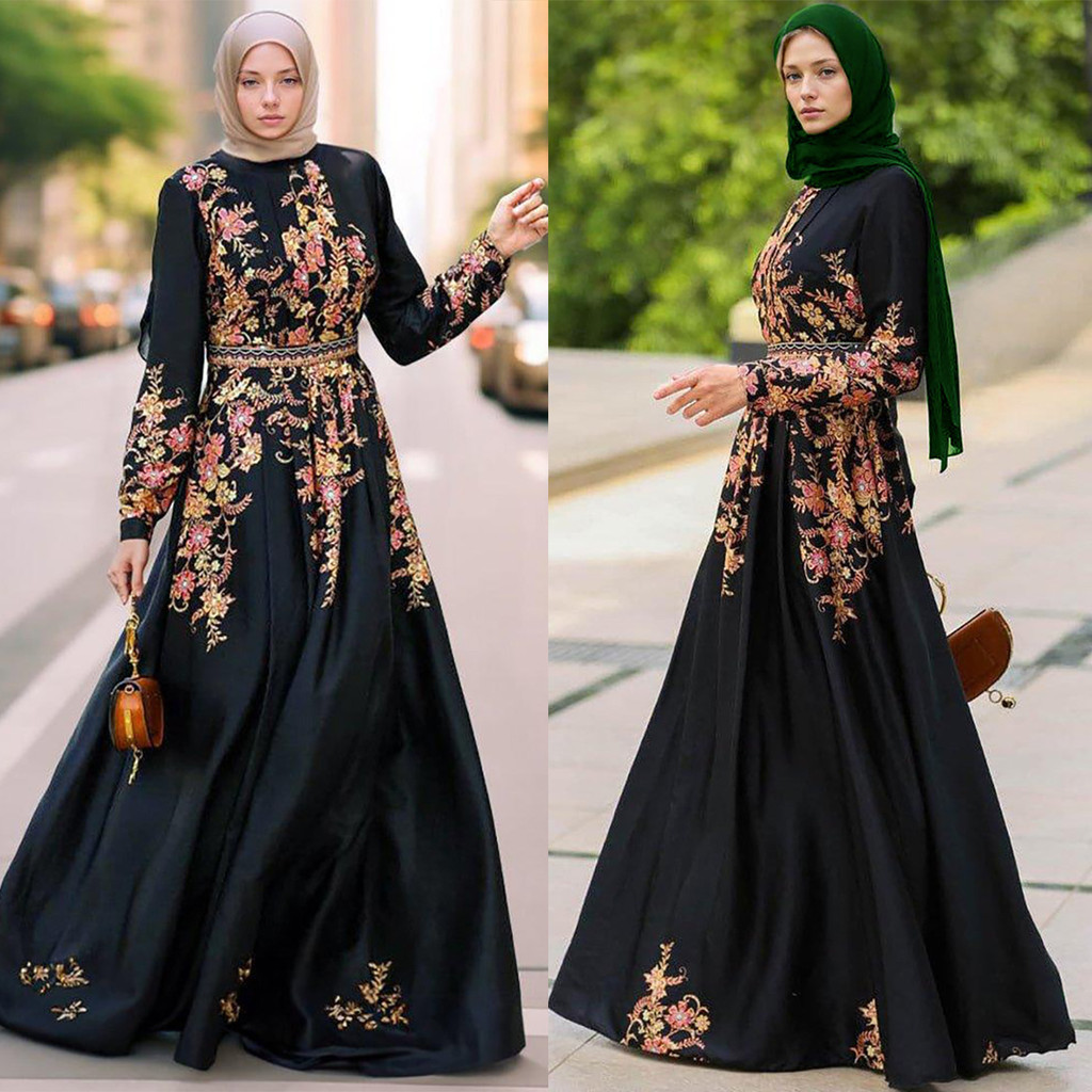 Gamis Import  M255 # Gaun hitam wanita Muslim Maxi posisi bunga gaun panjang  Import