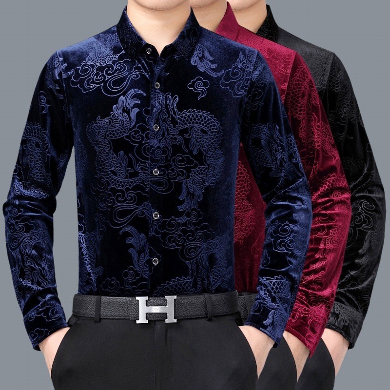 Kemeja  Cina jacquard semi musim gugur gaya pertengahan usia bisnis pihak pemimpin lengan panjang ka