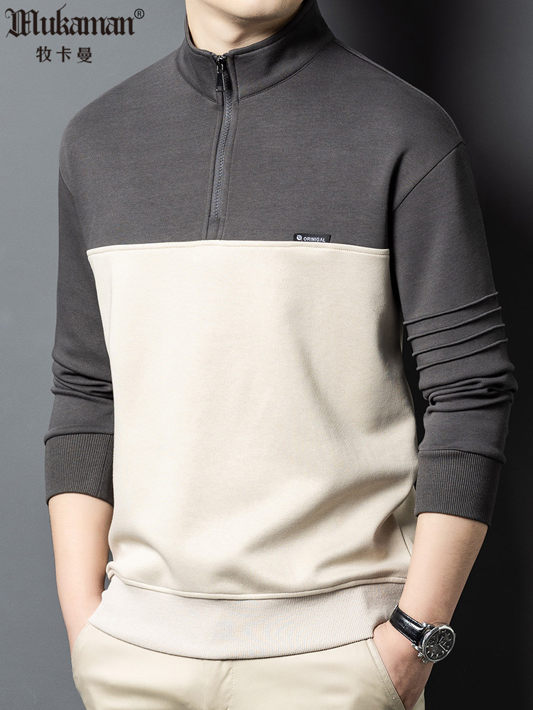 Kaos lengan panjang kapas untuk topi laki-laki yang biasa, memakai di dalam luar, leher bulat tanpa 