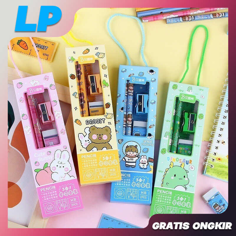 

LAAPAKA SET ALAT TULIS SEKOLAH 5 IN 1 SET ALAT TULIS MOTIF KARAKTER LUCU PENSIL SERUTAN PENGHAPUS SET ALAT TULIS ISI 5PCS