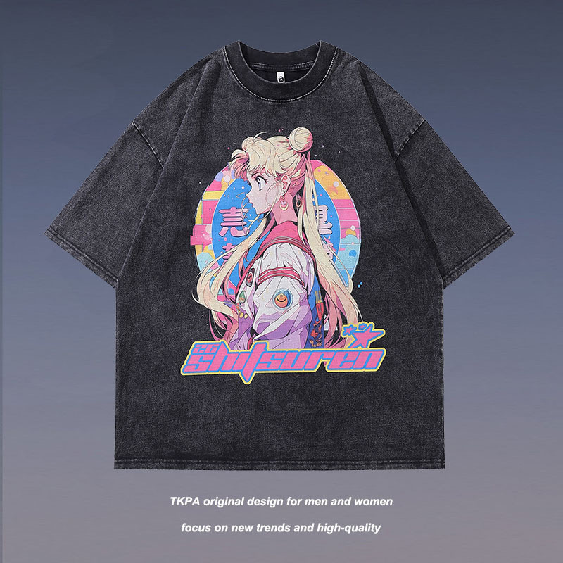 Kaos Pria Import  Kartun fashion Street TKPA mencetak kalung kecil setengah T-shirt untuk laki-laki 