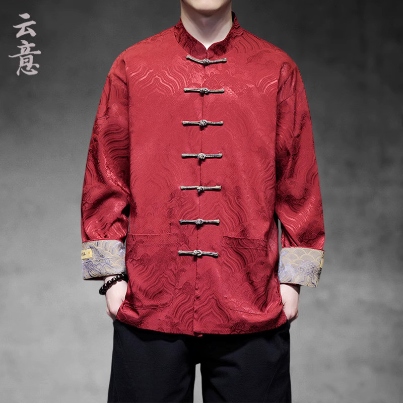 Kaos merah, Jacquard Zhongshan dengan lengan panjang pria, jaket gaya orang Cina musim gugur, baju T