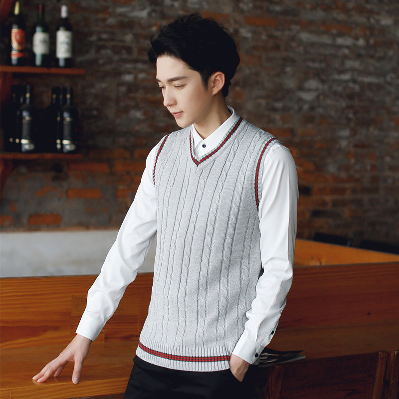 Sweater Vest Pria  Jaket bulu jaket berkaitan sweater muda yang cocok licin tanpa lengan, V-leher de