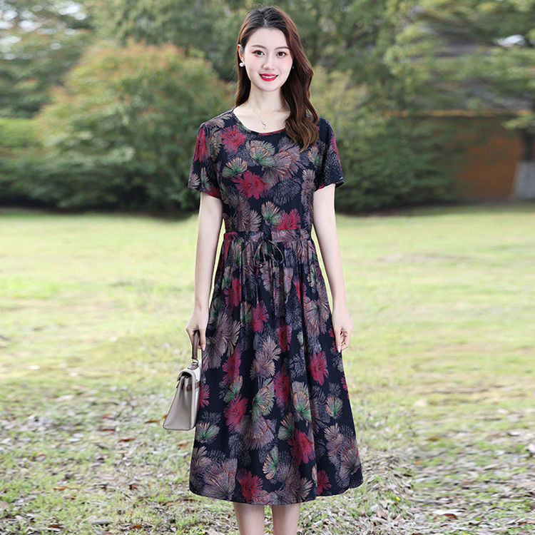 Gaun sutra katun musim panas ibu paruh baya rok panjang menengah lengan pendek katun murni wanita pa