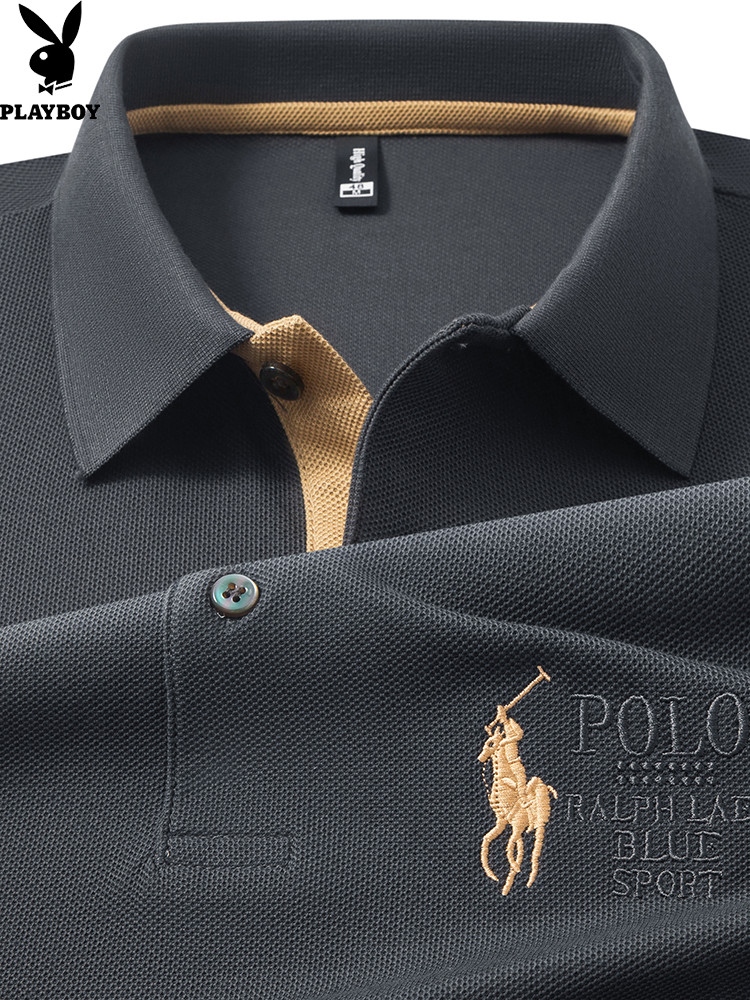 Kaos polo Playboy 100% kerah kapas murni, T-shirt panjang tangan pria atas dengan kelvet tebal dan l