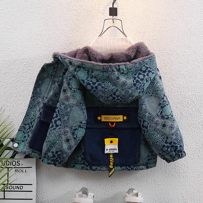 Jaket denim pelvet anak laki-laki, gaya baru gugur dan dingin, tebal anak-anak atas, baju musim ding
