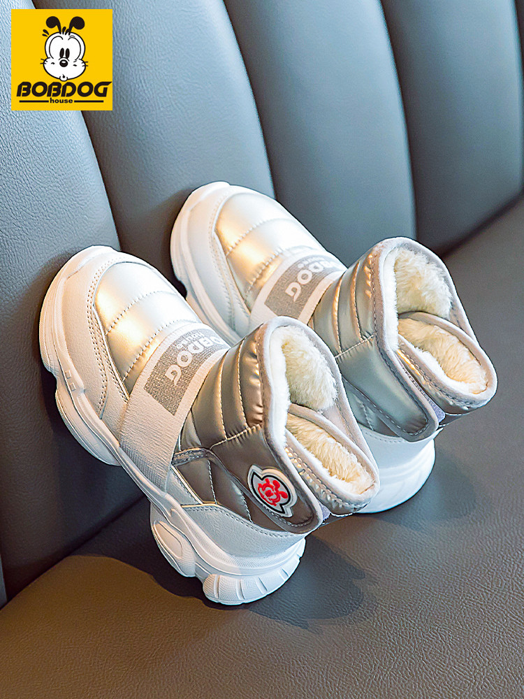 Sepatu salju Babu Dou anak laki-laki 2024 musim dingin baru dengan permukaan kulit yang hangat, keta