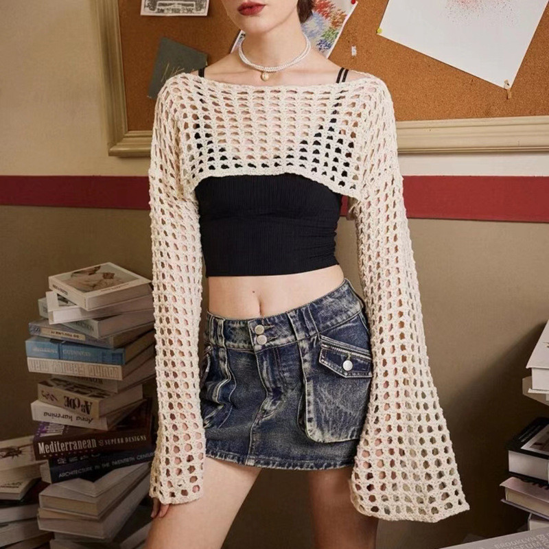 Outer Casual  Tanaman pendek atas Y2K dengan navel terkena, sweater penutup kosong wanita pantai  Im