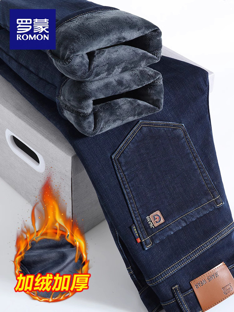 Romon fleece jeans tebal pria tahun 2024 tabung musim dingin lurus melepaskan celana panjang elastik