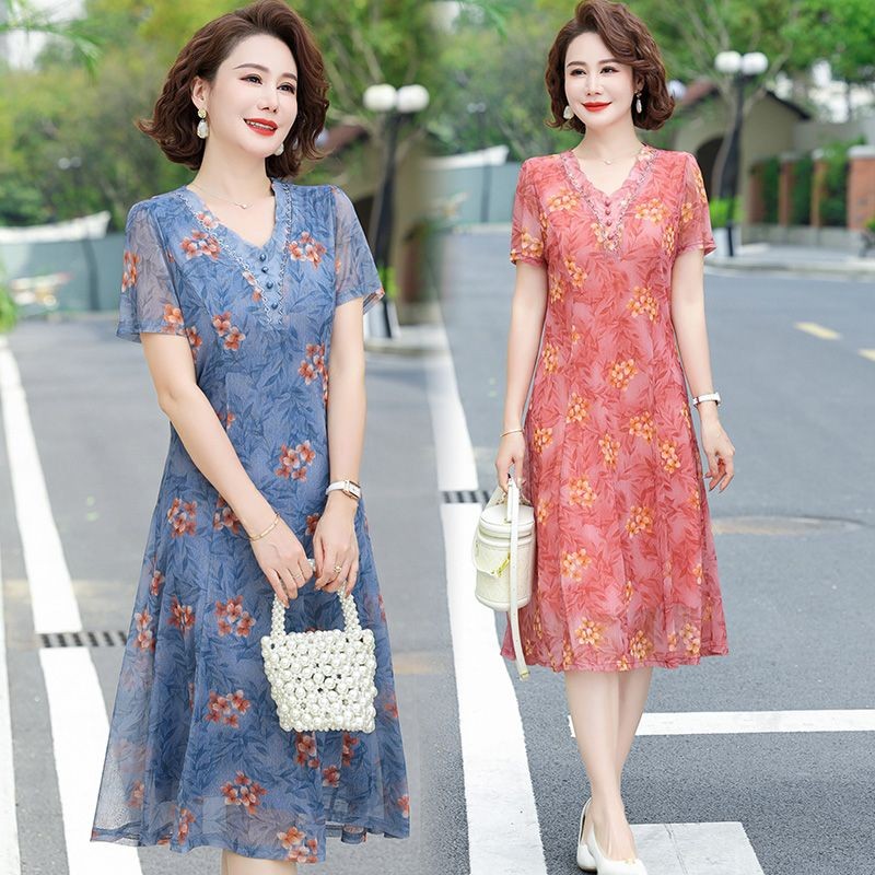 Kemeja Sifon Ibu Setengah Baya Musim Panas Rok Jaring Wanita Setengah Baya dan Tua Tipis Kerah V Rok