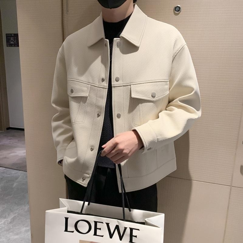 Jacket kulit putih pria trendy brand lapel jaket musim gugur/musim dingin 2024 baru pakaian kerja de