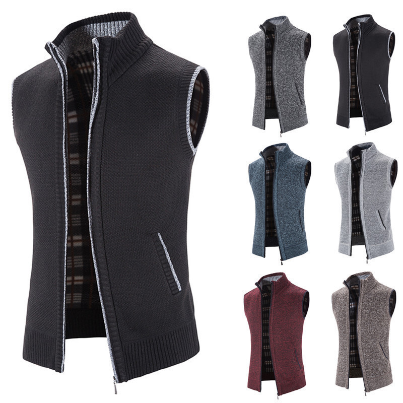 Rompi Pria  Pria berdiri kerah slim fit plush sweater rajutan tebal rompi pria plus  Import