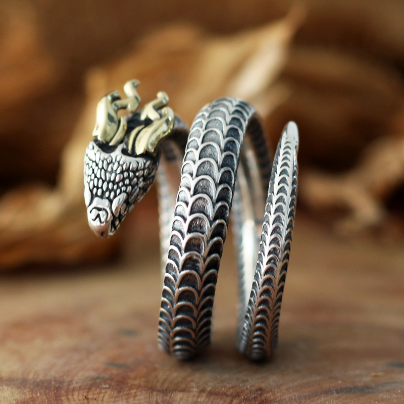Cincin ular Qishang seperti cincin ular dengan tanduk naga, cincin multi-lingkaran mulut hidup, tan