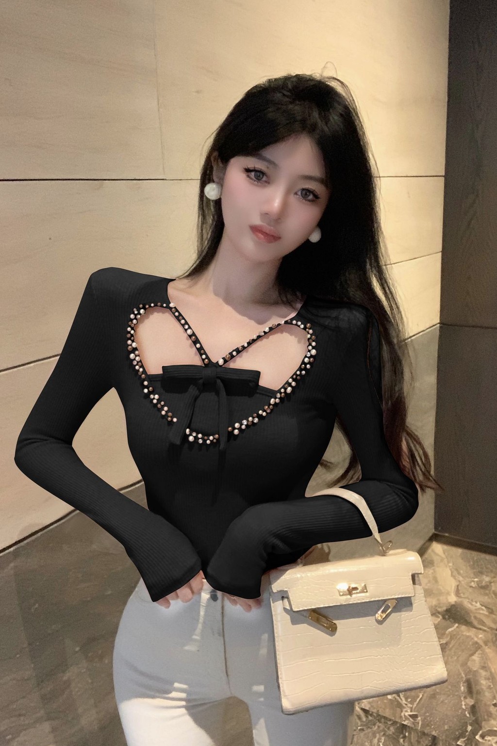 Busur beraroma kecil T-shirt lengan panjang Slim Autumn dan Winter Fashionable Hollow Top untuk Kem