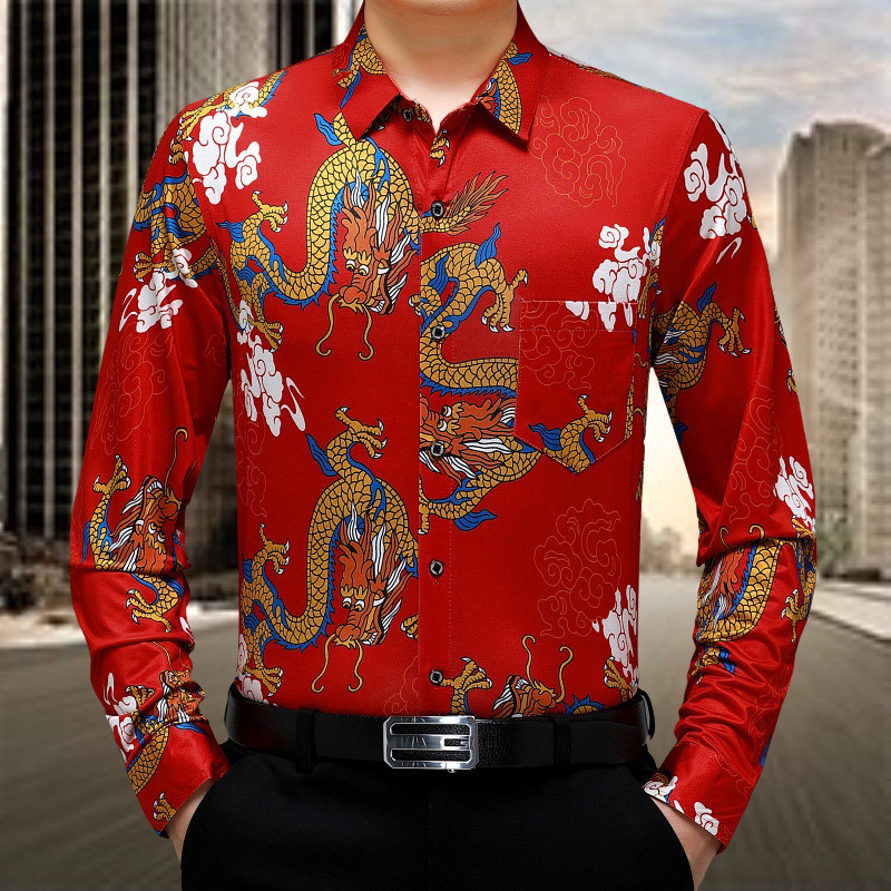 Kemeja  lengan pria gaya Cina naga pola modus laki-laki usia tengah. Kaos cetak semi dan musim gugur