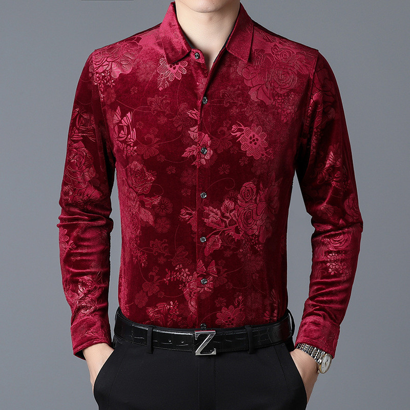 Kemeja  Kemeja lengan panjang velvet emas kemeja semi musim gugur gaya trendi pakaian pria usia pert