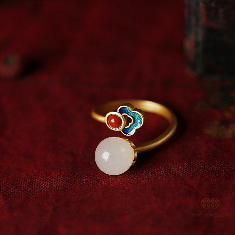 Cincin Terbuka Gaya Cina Wanita Enamel Cincin Giok Hetian Emas Kuno Desain Asli Perak Murni 925 Bar