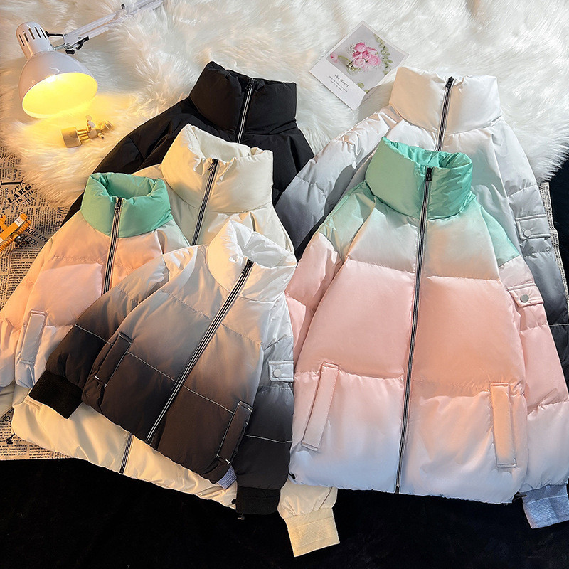 Jaket  Pria wanita trim plush musim dingin pendek tebal jaket korea tren gradien warna orang tua dan