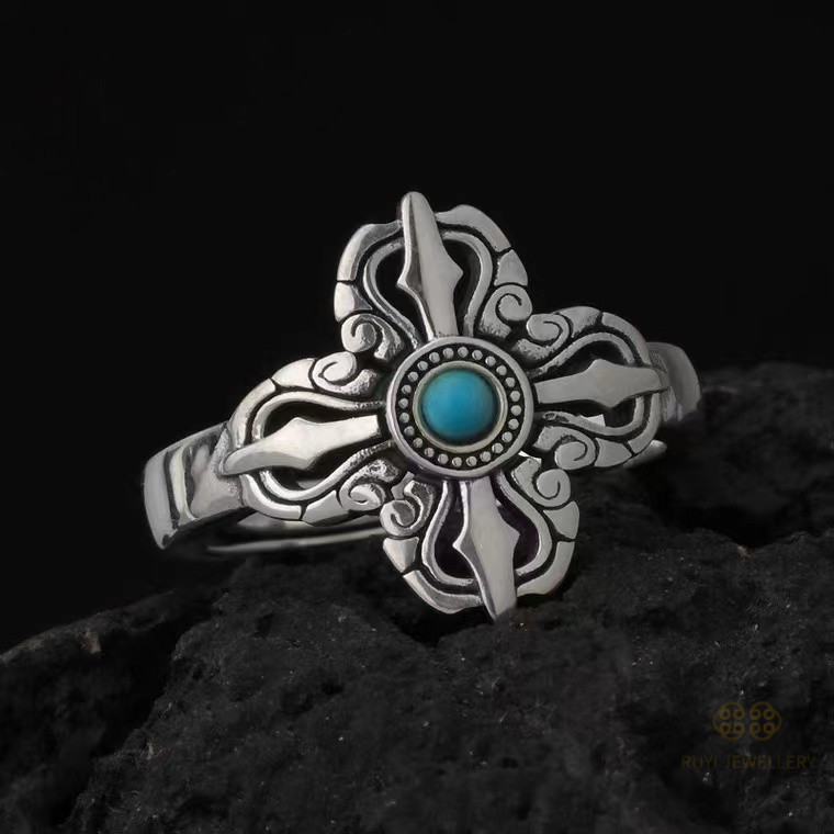 Cincin retro Chiba cincin perak Thailand alu setan salib pria bertatahkan vajra retro pirus alami