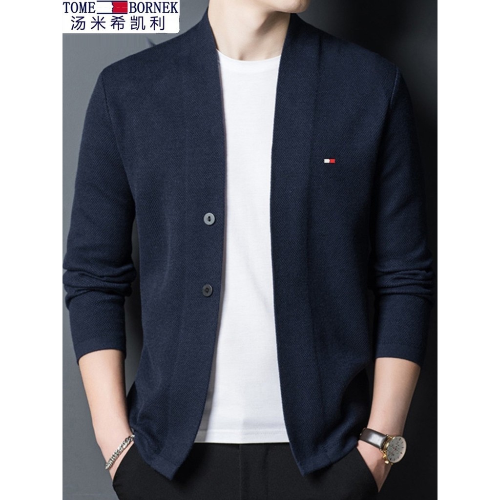 Tommy Flagship Store Cashmere Cardigan Men's Knitted V-neck Wool Sweater Trendy Thick Coat