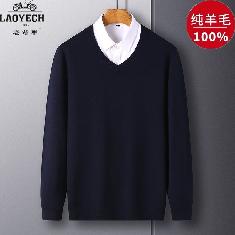 Sweater  Mobil kuno baru pria murni V-neck tua peach-neck penuh wol baju dalam ketebalan papa sweate