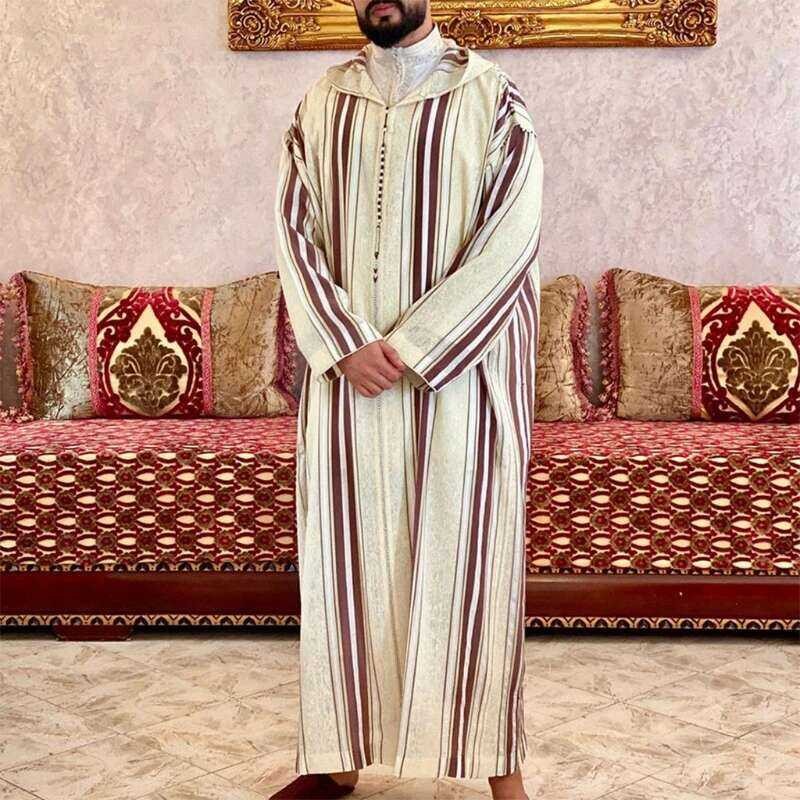 Baru Fashion Dubai Kaftan Santai Jubah Garis Gaun Muslim Abaya Kemeja untuk Pria