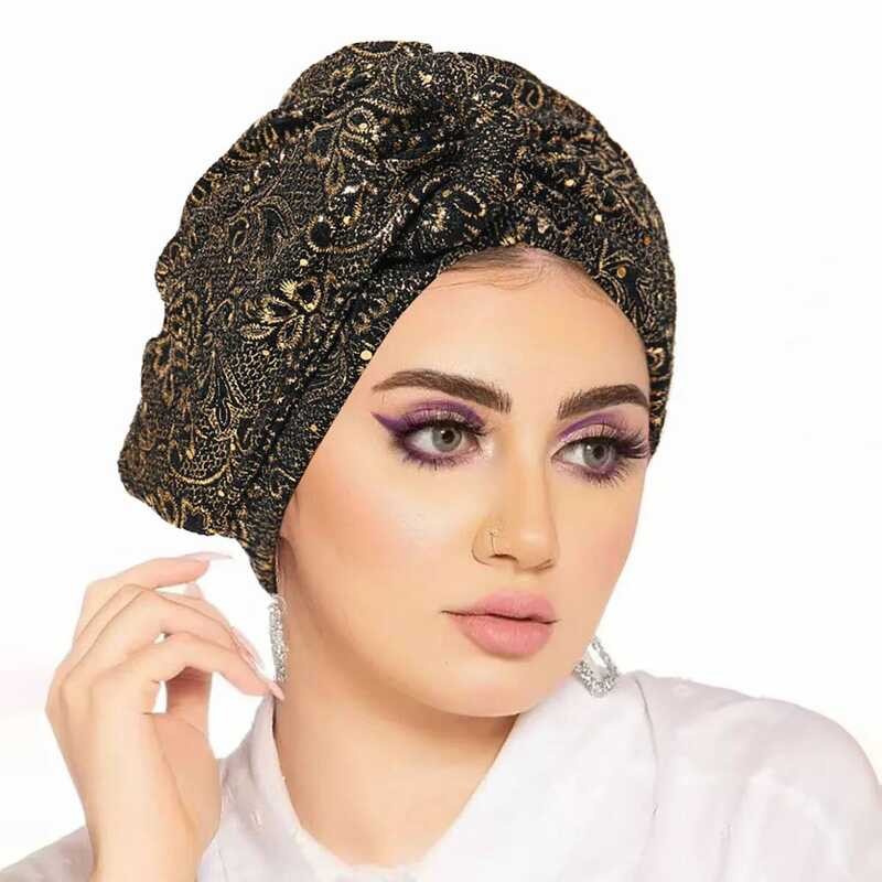 Turban Topi Glitter untuk Wanita Topi Bonnet Terikat Shimmer Beanies Hijab Muslim Topi India Topi Ch