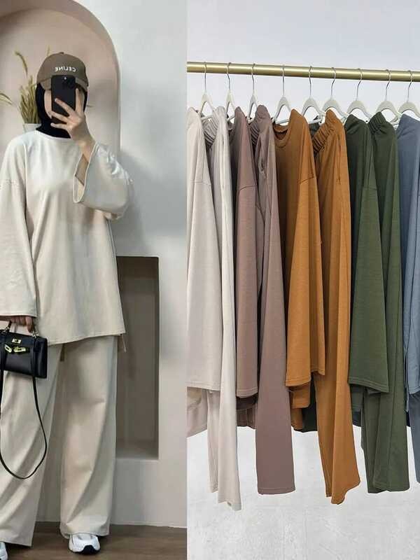 Fashion Abaya Mulim untuk Ramadhan, Setelan Hoodie Wanita Dubai Turki, Pakaian Longgar Dua Potong So