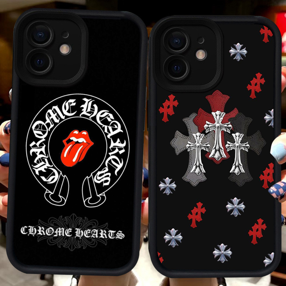 Hitam Casing untuk iPhone 11 XR 12 Mini XS 15 X Pro Max H115 Chrome H-Hearts