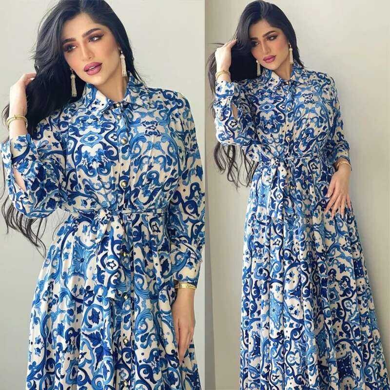 Abaya Gaun Eid Mubarak Dubai Wanita Muslim Cetak Hijab Biru Gaun Pakaian Islami Turki Kaftan Marocai