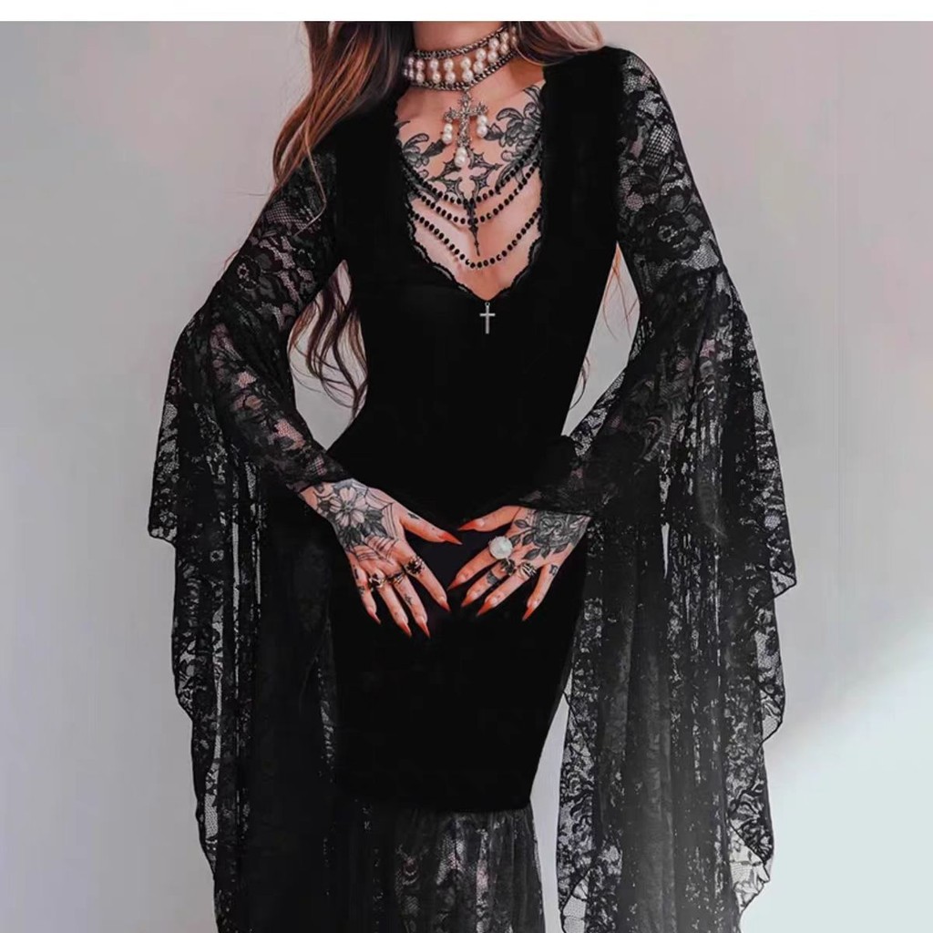 Halloween Costume Gothic Style Dress Bat Sleeve Dress Witch Cos Rok Rok Rok Panjang Wanita