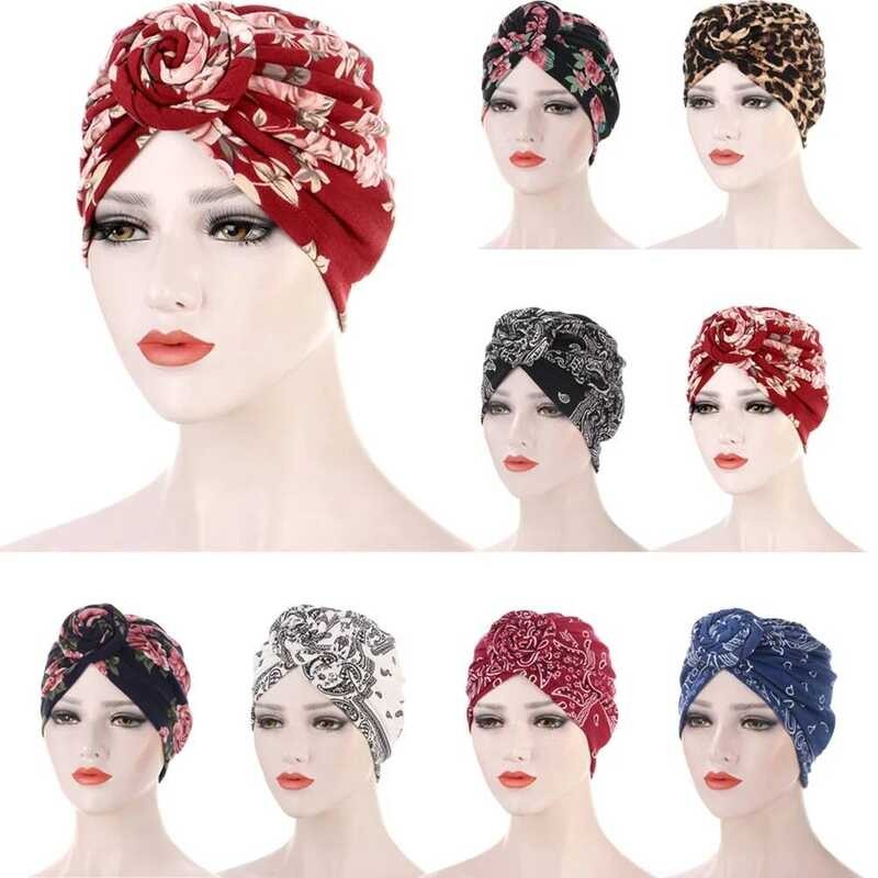 Turban Topi Cetak Wanita India Hijab Simpul Putar Topi Chemo Strch Beanie Pembungkus Kepala Penutup