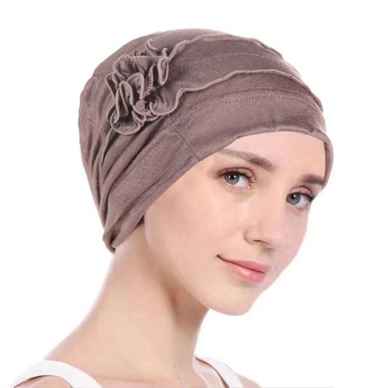 Bunga Turban Fashion Muslim Warna Solid Hijab Wanita Topi Chemo Islami Penutup Kepala Wanita Syal Hi