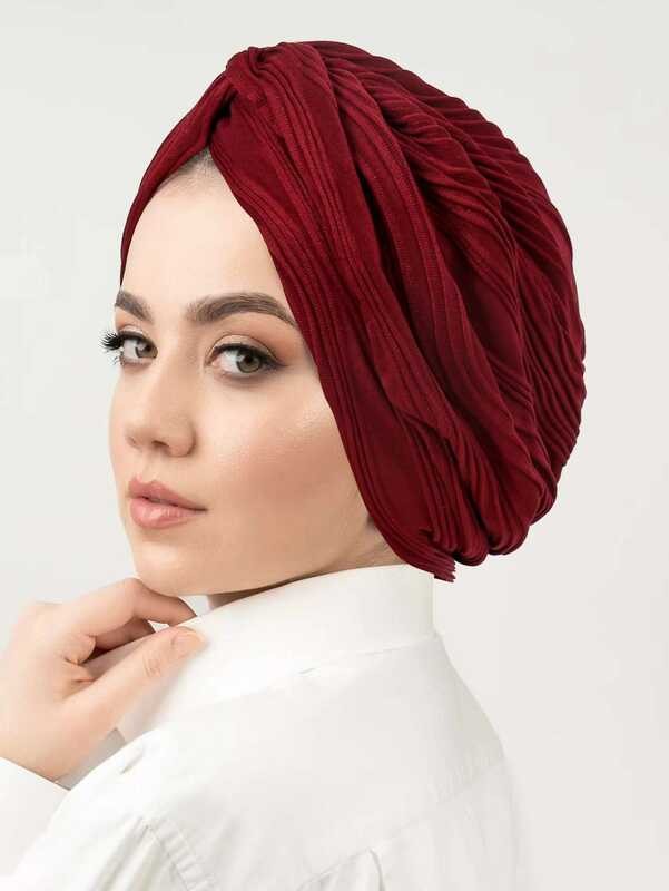 Hijab Topi Muslim Warna Solid Berkerut Topi Wanita Topi Chemo Perawatan Rambut Fashion Turban Bonnet