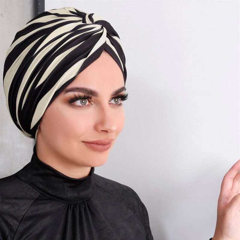 Dalam Hijab Berwarna untuk Wanita Hijab Islam Muslim Topi Turban Instan untuk Wanita Motif Garis dan