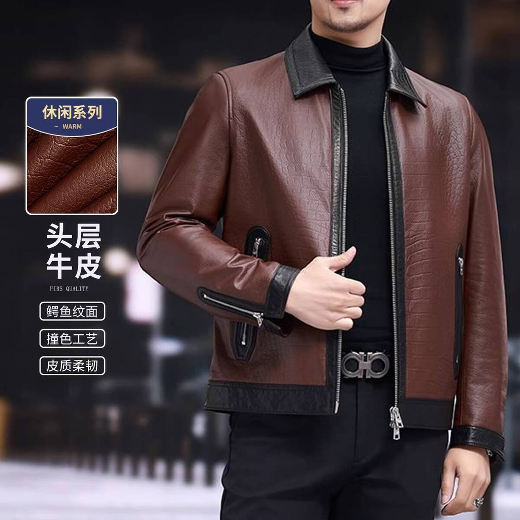 Lapisan Atas Sapi Jaket Kulit Sepeda Motor dengan Kerah Pola Buaya, Blok Warna Tinggi, Ritsleting, d