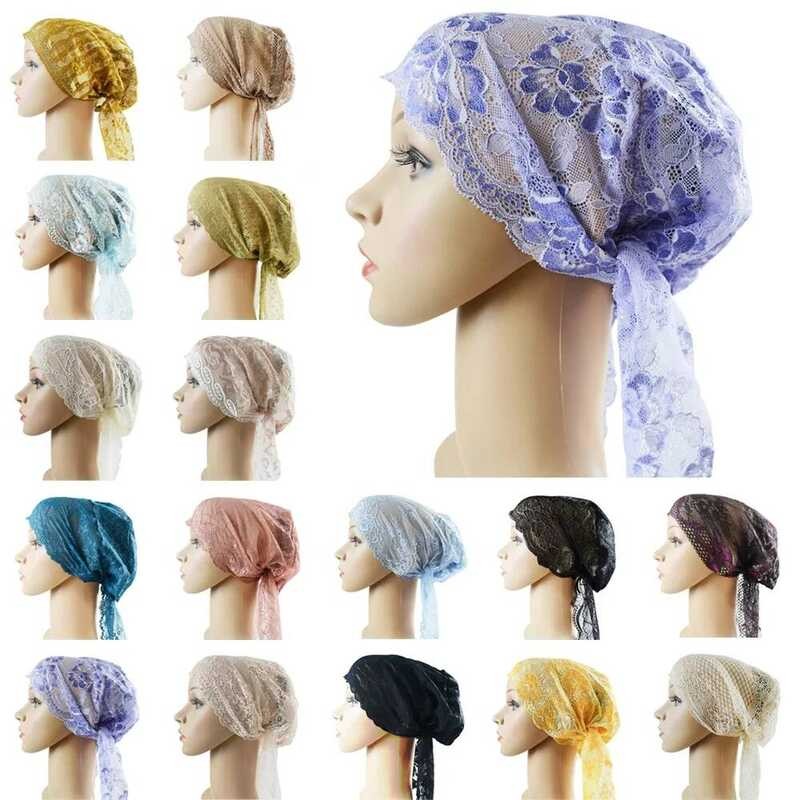 Wanita Muslim Islami Topi Renda Bunga Hijab Dalam Penutup Kepala Elastis Pita Turban Topi Beanie Sel