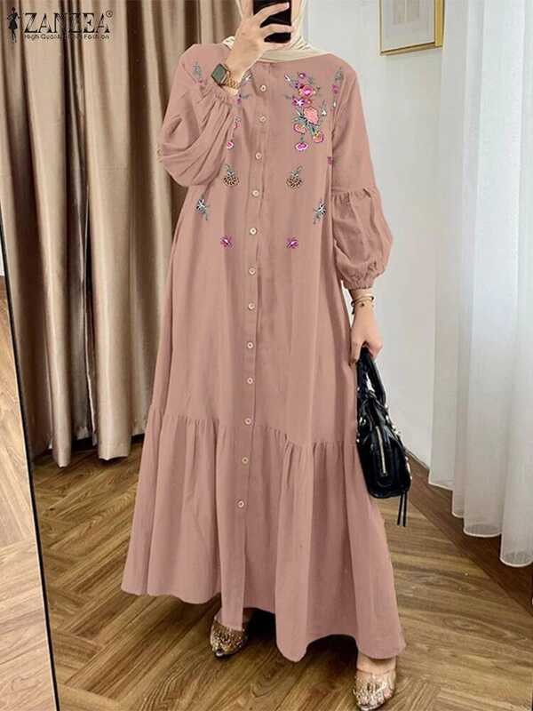 Fashion ZANZEA Wanita Lengan Lentera Panjang Abaya Muslim Sundress Bordir Gaun Maxi Jubah Islam Kaft